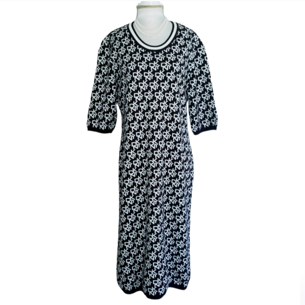 DKNY Monogram Logo Print Black and White Knit Sweater Midi Dress NWT MSRP $134